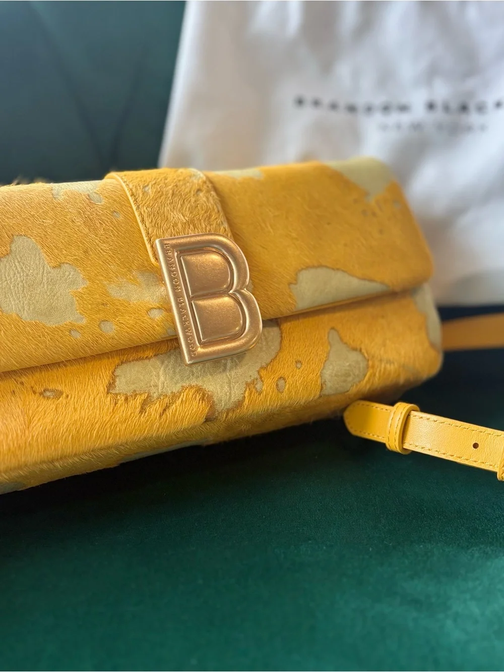 Brandon Blackwood Yellow and Cream Cowhide 'B' Clasp Clutch